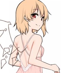 Rule 34 | 1girl, babydoll, back, bare arms, bare shoulders, blonde hair, breasts, commentary, flandre scarlet, hair between eyes, looking at viewer, looking back, medium hair, miyo (ranthath), red eyes, see-through, shoulder blades, simple background, small breasts, smile, solo, touhou, white background, wings