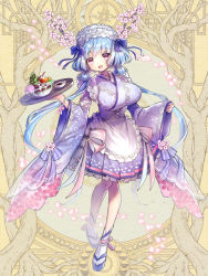 Rule 34 | 1girl, :d, bead bracelet, beads, blue bow, blue hair, bow, bowl, bracelet, breasts, dairoku ryouhei, dress bow, flower, full body, hair bow, hair ornament, hi-na1, holding, holding tray, horns, jewelry, large breasts, long hair, long sleeves, looking at viewer, low twintails, official art, open mouth, pink bow, platform footwear, sandals, simple background, smile, solo, standing, tray, twintails, very long hair, waitress, white headwear, white legwear, wide sleeves