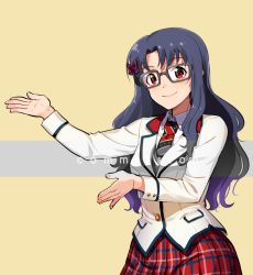 Rule 34 | 1girl, black-framed eyewear, black hair, blazer, blush, bow, closed mouth, commission, glasses, hair bow, idolmaster, idolmaster million live!, idolmaster million live! theater days, jacket, kamille (vcx68), long hair, long sleeves, looking at viewer, necktie, outstretched arms, plaid, plaid skirt, red bow, red eyes, red skirt, skirt, smile, solo, takayama sayoko, two-tone background, uniform series (idolmaster), upper body, watermark, wavy hair