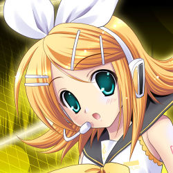 Rule 34 | blonde hair, blouse, blue eyes, bow, headset, kagamine rin, lowres, shirt, solo, vocaloid, white shirt