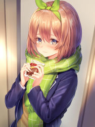 Rule 34 | 1boy, 1girl, black hair, blue eyes, blue jacket, blush, brown hair, brown sweater, closed mouth, commentary request, eye reflection, frown, go-toubun no hanayome, green hairband, green ribbon, green scarf, hair ribbon, hairband, highres, holding, indoors, jacket, long sleeves, looking at viewer, nakano yotsuba, nogi momoko, open clothes, open jacket, pov, reflection, ribbon, scarf, school uniform, short hair, solo focus, sweater, upper body