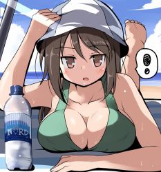 Rule 34 | !, 10s, 1girl, adjusting clothes, adjusting headwear, barefoot, beach, bikini, blanket, blue hat, blue sky, bottle, breast press, breast rest, breasts, brown eyes, brown hair, cloud, day, feet, female focus, girls und panzer, hat, horizon, large breasts, leg up, long hair, looking at viewer, lying, matching hair/eyes, mika (girls und panzer), ocean, on stomach, open mouth, outdoors, sand, sky, soles, solo, speech bubble, spoken exclamation mark, striped, swimsuit, tsurime, tsuzuri (tuzuri), water, water bottle