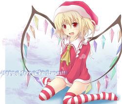 Rule 34 | 1girl, bad id, bad pixiv id, blouse, bottomless, christmas, english text, fang, female focus, flandre scarlet, gradient background, hair between eyes, hat, momiz-tama (pixiv), red hat, red shirt, santa costume, santa hat, shirt, solo, striped clothes, striped thighhighs, thighhighs, tokijiro, touhou
