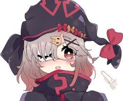 Rule 34 | 1girl, arknights, black headwear, black jacket, blush, bow, braid, brown bow, brown hair, commentary, eyepatch, hair ornament, hair over one eye, hairclip, high collar, jacket, kurotofu, looking at viewer, open mouth, popukar (arknights), portrait, red bow, red eyes, simple background, solo, white background, x hair ornament
