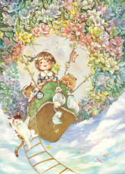 Rule 34 | 1girl, absurdres, ahoge, aircraft, animal, animal on shoulder, bird, bird on shoulder, blue dress, blue sky, blush stickers, brown eyes, brown hair, bug, butterfly, cat, cloud, daisy, day, dress, floral print, flower, freesia (flower), from below, hamster, highres, hot air balloon, insect, looking at viewer, matching hair/eyes, mouse (animal), natsumipiyo, original, outdoors, parakeet, parted lips, petals, pomeranian (dog), ribbon, rope ladder, sandbag, short hair, short sleeves, sky, smile, solo, spyglass, tail, tail ornament, tail ribbon