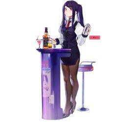 Rule 34 | 1girl, alcohol, bartender, black footwear, black pantyhose, blush, breasts, cocktail, cocktail glass, collared shirt, crossed legs, cup, drinking glass, expressionless, full body, girls&#039; frontline, high heels, holding, holding shaker, holding spoon, jack daniel&#039;s, jill stingray, long hair, long sleeves, looking at viewer, medium breasts, necktie, official art, pantyhose, parted bangs, pencil skirt, product placement, puffy sleeves, purple hair, purple skirt, purple vest, red eyes, red necktie, shirt, side slit, sidelocks, skirt, solo, spoon, stool, swept bangs, table, transparent background, twintails, va-11 hall-a, vest, watson cross, whiskey, xiao chichi