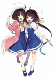Rule 34 | 2girls, :d, ahoge, beret, black footwear, blue eyes, blue footwear, brown hair, commentary request, dual persona, full body, hand fan, hat, highres, hinatsuru ai, holding, holding fan, long hair, long sleeves, looking at viewer, low twintails, multiple girls, open mouth, ribbon, ryuuou no oshigoto!, school uniform, shirabi, shoes, shogi piece, short hair, silver hair, smile, standing, time paradox, twintails, white background, white headwear, yellow neckwear, yellow ribbon