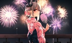 Rule 34 | 1girl, alternate costume, arknights, back bow, black bow, blush, bow, breasts, collar, earrings, female focus, fireworks, floral print, from side, grey hair, hair ribbon, hand fan, highres, holding, holding fan, horns, infection monitor (arknights), japanese clothes, jewelry, kasasasagi, kimono, long sleeves, looking at viewer, looking to the side, medium breasts, mudrock (arknights), night, night sky, paper fan, parted lips, pink kimono, pink ribbon, pointy ears, print kimono, railing, red eyes, ribbon, short hair, sidelocks, sky, smile, solo, uchiwa, upper body