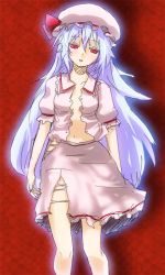 Rule 34 | 1girl, blue hair, female focus, hat, long hair, looking at viewer, aged up, red eyes, remilia scarlet, solo, soubi, torn clothes, touhou, very long hair