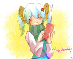 Rule 34 | 1girl, artist name, at2., blue hair, blush, facing viewer, flower, green scarf, hair flower, hair ornament, happy birthday, long sleeves, medium hair, original, parted lips, scarf, signature, smile, solo, striped clothes, striped scarf, teeth, twintails, upper body