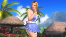 Rule 34 | 1girl, 3d, apron, beach, blonde hair, blue eyes, breasts, dead or alive, dead or alive 5, highres, kiss, large breasts, official art, one eye closed, short hair, tecmo, tina armstrong, wink, wrestler