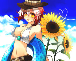 Rule 34 | 1girl, bad id, bad pixiv id, bare shoulders, belt, breasts, cleavage, cloud, day, flower, halterneck, hat, heart, heart of string, innertube, jewelry, medium breasts, midriff, miyu (matsunohara), multicolored hair, navel, official alternate costume, pascal (tales), red hair, sky, solo, sunflower, swim ring, tales of (series), tales of graces, two-tone hair, white hair, yellow eyes