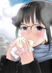 Rule 34 | 1girl, baozi, blush, earmuffs, eating, food, glasses, hanamizawa q-tarou, nose blush, original, scarf, snow, solo, winter