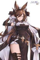 Rule 34 | 1girl, :q, absurdres, animal ears, annno ans, black dress, black sleeves, blue hair, breasts, brown hair, brown horns, closed eyes, commentary request, detached sleeves, dress, extra ears, galleon (granblue fantasy), gloves, gold trim, granblue fantasy, hand up, headdress, highres, horns, large breasts, long hair, multicolored hair, pointy ears, pouch, side slit, simple background, solo, streaked hair, thigh pouch, thigh strap, tongue, tongue out, white background, white gloves, white headdress