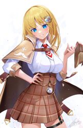Rule 34 | 1girl, absurdres, blonde hair, blue eyes, blush, bob cut, breasts, brown coat, brown hat, brown skirt, coat, collared shirt, deerstalker, detective, hair ornament, hand on own hip, hat, high-waist skirt, highres, hololive, hololive english, kenko (a143016), large breasts, looking at viewer, medium hair, miniskirt, nail polish, necktie, open clothes, open coat, pleated skirt, pocket watch, red necktie, shirt, skirt, smile, solo, spinning, thigh strap, twirling hat, virtual youtuber, watch, watson amelia, white shirt, yellow nails