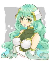 Rule 34 | 1girl, bare shoulders, blush, breasts, circlet, fire emblem, fire emblem echoes: shadows of valentia, flower, gem, green eyes, green hair, holding, long hair, looking at viewer, medium breasts, nintendo, open mouth, own hands together, solo, tatiana (fire emblem), twitter username, upper body, yukia (firstaid0)