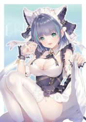 Rule 34 | 1girl, absurdres, animal ears, apron, aqua eyes, arm garter, ass, azur lane, blue background, border, breasts, bridal garter, cheshire (azur lane), cleavage, detached sleeves, fake animal ears, fang, fangs, frilled hairband, frilled headband, frilled ribbon, frills, garter straps, hairband, highres, huge filesize, large breasts, ldarinl, long ribbon, looking at viewer, maid headdress, medium hair, multicolored hair, puffy detached sleeves, puffy sleeves, purple apron, ribbon, sitting, skin fang, skin fangs, skirt hold, solo, streaked hair, thighhighs, tinted eyewear, white border, white thighhighs, wrist cuffs
