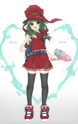 Rule 34 | 1girl, 2021, adapted costume, bare shoulders, black thighhighs, blunt bangs, bow, commentary request, flat chest, front ponytail, full body, gradient background, green eyes, green hair, grey background, gun, hair bow, hat, highres, holding, holding gun, holding weapon, kagiyama hina, long hair, looking at viewer, midriff, open mouth, red bow, red hat, red shirt, red skirt, shirt, simple background, skirt, solo, standing, thighhighs, touhou, visor cap, water gun, weapon, yadoyuki, zettai ryouiki