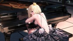 Rule 34 | 1girl, absurdres, ass, back, backless dress, backless outfit, bare arms, bare shoulders, black dress, blonde hair, blush, breasts, building, butt crack, commentary, commission, covered mouth, cream (cream), crown, dress, flower, from behind, grand piano, highres, indoors, instrument, layered dress, looking at viewer, looking back, medium breasts, mini crown, nay, night, nipples, no bra, no panties, original, piano, piano bench, pleated dress, red eyes, reflection, rose, second-party source, short hair, sideboob, sitting, skyscraper, solo, tilted headwear, white flower, white rose, window