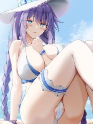 Rule 34 | 1girl, arm between breasts, bare arms, bare shoulders, between breasts, blue eyes, blush, braid, breasts, choujigen game neptune, hat, highres, keenh, large breasts, long hair, looking at viewer, neptune (series), outdoors, parted lips, power symbol-shaped pupils, purple hair, purple heart (neptunia), pussy, pussy peek, shin jigen game neptune vii, sitting, smile, swimsuit, symbol-shaped pupils, thigh strap, thighs, twin braids
