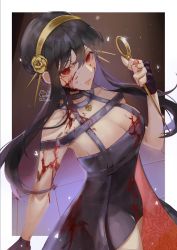 Rule 34 | 1girl, bare shoulders, black dress, black hair, blood, blood on arm, blood on clothes, blood on face, blood on hands, breasts, cleavage, closed mouth, collarbone, commentary, dagger, dress, earrings, english commentary, expressionless, eyelashes, floral print, hairband, highres, holding, holding dagger, holding knife, holding weapon, jewelry, knife, lips, long hair, looking at viewer, napporin, outside border, pendant, red eyes, rose print, sleeveless, sleeveless dress, solo, spy x family, standing, stiletto (weapon), thighhighs, two-sided fabric, weapon, yor briar