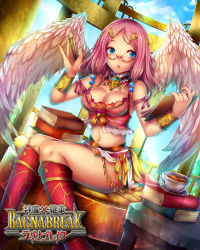 Rule 34 | 1girl, :o, bare shoulders, blue eyes, book, bracelet, breasts, cleavage, cloud, cup, glasses, holding, jewelry, kara (color), large breasts, lots of jewelry, midriff, navel, open mouth, pink hair, pink thighhighs, red-framed eyewear, saucer, shinma x keishou! ragnabreak, sitting, sky, solo, tea, thighhighs, wings