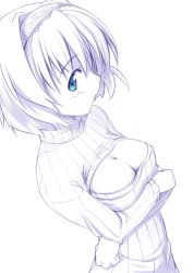 Rule 34 | 1girl, alice margatroid, blue eyes, breasts, cleavage, cleavage cutout, closed mouth, clothing cutout, crossed arms, hair between eyes, hair intakes, looking at viewer, medium breasts, meme attire, nirap, open-chest sweater, profile, short hair, simple background, solo, spot color, sweater, touhou, turtleneck, turtleneck sweater, upper body, white background