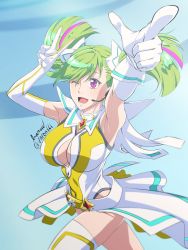 Rule 34 | 1girl, ;d, armpits, arms up, artist name, baron (varon666), belt, breasts, capelet, cleavage cutout, clothing cutout, covered navel, fuuto tantei, green hair, hair between eyes, headset, highres, idol, index finger raised, kazamatsuri megu, large breasts, leotard, multicolored hair, one eye closed, open mouth, pointing, purple eyes, purple hair, shoulder pads, shuriken hair ornament, signature, skirt, smile, solo, streaked hair, twintails, twitter username, two-tone hair, two-tone leotard, v, white capelet, white leotard, white skirt, yellow leotard