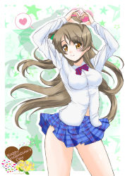 Rule 34 | 10s, 1girl, arms up, blush, breasts, brown eyes, brown hair, clothes lift, dress shirt, flower, frapowa, happy valentine, heart, heart hands, long hair, looking at viewer, love live!, love live! school idol project, midriff, minami kotori, school uniform, shirt, skirt, skirt lift, smile, solo, spoken heart, star (symbol), taut clothes, taut shirt, wind, wind lift