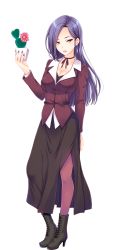 Rule 34 | 1girl, :o, breasts, catcus, character name, cleavage, dress, from side, girlfriend (kari), highres, holding, jacket, leggings, long hair, looking at viewer, matching hair/eyes, official art, open mouth, purple eyes, purple hair, purple jacket, qp:flapper, solo, standing, tagme, teacher, todo shizuko, transparent background