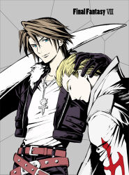 Rule 34 | 2boys, belt, black gloves, black jacket, black pants, blonde hair, blue eyes, brown hair, carrying over shoulder, chain necklace, closed eyes, coat, commentary, copyright name, couple, cropped jacket, final fantasy, final fantasy viii, fur-trimmed jacket, fur trim, gacharunta, gloves, grey background, hair slicked back, hand on another&#039;s head, jacket, jewelry, leaning, leaning forward, leaning on person, long sleeves, looking at another, male focus, multiple belts, multiple boys, necklace, open clothes, open jacket, over shoulder, pants, scar, scar on face, seifer almasy, short hair, simple background, smile, squall leonhart, standing, sword, sword over shoulder, weapon, weapon over shoulder, white coat, yaoi