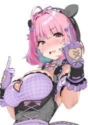 Rule 34 | 1girl, absurdres, ahoge, bare shoulders, black headwear, blue hair, blush, bow, bowtie, breasts, cleavage, cleavage cutout, clothing cutout, commentary request, corset, detached sleeves, fang, gloves, hair intakes, heart cutout, highres, idolmaster, idolmaster cinderella girls, kanzarin, large breasts, looking at viewer, middle finger, multicolored hair, nose blush, open mouth, pink hair, purple eyes, purple gloves, short hair, short sleeves, skin fang, skull, solo, two-tone hair, underbust, upper body, v-shaped eyebrows, white bow, yellow bow, yellow bowtie, yumemi riamu