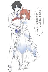 Rule 34 | 1boy, 1girl, ahoge, black hair, blue eyes, blue necktie, bouquet, breasts, chaldea logo, choker, command spell, commentary request, double-parted bangs, dress, fate/grand order, fate (series), flower, formal, fujimaru ritsuka (female), fujimaru ritsuka (male), hair between eyes, hair flower, hair ornament, hair tie, high heels, highres, holding, holding bouquet, medium breasts, necktie, orange hair, parted bangs, red flower, short hair, side ponytail, speech bubble, suit, translation request, white background, white choker, white dress, white flower, white suit, yukihara sbgd