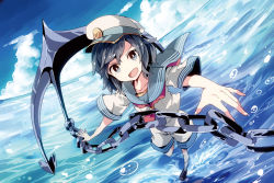 Rule 34 | &gt;:d, 1girl, :d, anchor, aoi kujira, black hair, blue sky, bright pupils, chain, cloud, day, dress, grey eyes, hat, looking at viewer, murasa minamitsu, neckerchief, ocean, open mouth, perspective, sailor dress, sailor hat, short sleeves, sky, smile, solo, touhou, v-shaped eyebrows, white pupils