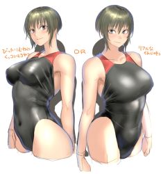 Rule 34 | 2girls, breasts, competition swimsuit, covered erect nipples, covered navel, curvy, green hair, grey eyes, hair between eyes, highres, kilye kairi, large breasts, multiple girls, multiple views, one-piece swimsuit, original, short hair, simple background, skin tight, smile, swimsuit, white background
