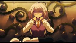 Rule 34 | 1girl, ahoge, akamatsu kaede, blonde hair, blush, breasts, clenched teeth, collar, collarbone, collared shirt, commentary, criis-chan, crying, crying with eyes open, danganronpa (series), danganronpa v3: killing harmony, eighth note, fortissimo, german commentary, hair ornament, hands up, letterboxed, long hair, long sleeves, looking at viewer, medium breasts, monokuma, musical note, musical note hair ornament, necktie, school uniform, shirt, skirt, smile, solo focus, spoilers, sweater vest, tearing up, tears, teeth, thorns, upper body, white shirt