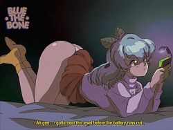 Rule 34 | 1990s (style), 1girl, all fours, animated, animated gif, ankle socks, arched back, arthropod girl, artist name, ass, bed sheet, blinking, bluethebone, breasts, clothes lift, dark, english text, feet up, from side, full body, game boy, game boy color, hair between eyes, hair ornament, handheld game console, hands up, hanging breasts, holding, indoors, insect girl, lamp, legs together, light, long hair, long sleeves, medium breasts, miniskirt, monith (bluethebone), moth girl, on bed, original, panties, pink shirt, pink sweater, playing games, pleated skirt, red eyes, red skirt, retro artstyle, shirt, silver hair, skirt, skirt lift, socks, solo, subtitled, sweater, thighs, thong, turtleneck, turtleneck sweater, underwear, wavy hair, white panties, yellow footwear