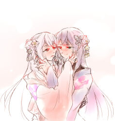 Rule 34 | 2girls, assault lily, blue kimono, braid, commentary request, face-to-face, flower, funada kiito, funada ui, gradient background, green eyes, hair bun, hair flower, hair ornament, hair ribbon, hand on another&#039;s cheek, hand on another&#039;s face, hand up, highres, incest, japanese clothes, kimono, long hair, long sleeves, looking at another, mole, mole under eye, mole under mouth, multiple girls, off shoulder, official alternate costume, official alternate hairstyle, orange eyes, pale color, parted lips, pink background, pink flower, pink kimono, purple hair, red ribbon, ribbon, santouka, siblings, side braid, single braid, single side bun, sisters, standing, upper body, very long hair, white background, white hair, wide sleeves, yuri