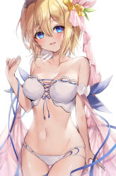 Rule 34 | 1girl, 40 (0f0urw), :d, absurdres, bare shoulders, bikini, blonde hair, blue eyes, blue ribbon, breasts, cleavage, collarbone, cowboy shot, europa (granblue fantasy), gluteal fold, granblue fantasy, hair ornament, highres, looking at viewer, medium breasts, navel, open mouth, ribbon, shawl, short hair, simple background, smile, solo, stomach, strapless, strapless bikini, swimsuit, thigh gap, white background, white bikini