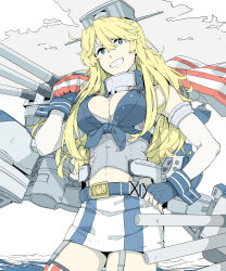 Rule 34 | 1girl, belt, blonde hair, blue eyes, cowboy shot, elbow gloves, front-tie top, garter straps, gloves, grin, hair between eyes, iowa (kancolle), kantai collection, long hair, machinery, ninimo nimo, smile, solo, star-shaped pupils, star (symbol), symbol-shaped pupils, thighhighs, turret