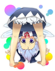Rule 34 | 1girl, bad id, bad pixiv id, bare legs, barefoot, bloomers, blue eyes, cirno, duru, from behind, full body, looking at viewer, looking through own legs, silver hair, solo, standing, embodiment of scarlet devil, touhou, underwear