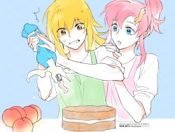 Rule 34 | 2girls, apron, artist name, blonde hair, blue background, blue eyes, brown eyes, cagalli yula athha, cake, clenched teeth, decorating, food, green apron, gundam, gundam seed, hair ornament, hairclip, hand on another&#039;s shoulder, icing, lacus clyne, long hair, medium hair, multiple girls, nito minatsuki, parted lips, pink apron, pink hair, ponytail, shirt, sidelocks, sleeves rolled up, struggling, sweatdrop, teeth, upper body, white shirt, wide-eyed