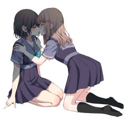 Rule 34 | 2girls, absurdres, black socks, blonde hair, bow, bowtie, brown hair, closed eyes, commentary request, dress, green bow, green bowtie, grey sailor collar, hands on another&#039;s shoulders, highres, imminent kiss, kneehighs, long hair, multiple girls, original, purple dress, purple serafuku, sailor collar, school uniform, serafuku, short hair, socks, thighs, tottoto tomekichi, white background, yuri