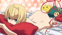 Rule 34 | 10s, 1girl, ass, bed, blonde hair, blue eyes, bodysuit, heavy object, milinda brantini, nude, official art, pillow, qwenthur barbotage, screencap, third-party edit