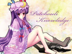 Rule 34 | 1girl, bow, character name, crescent, crescent moon, female focus, hair bow, hat, kinagi yuu, long hair, moon, pantyhose, patchouli knowledge, pink eyes, purple hair, solo, touhou