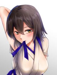 Rule 34 | 1girl, alternate hair length, alternate hairstyle, arm behind head, arm up, breasts, brown eyes, brown hair, japanese clothes, kaga (kancolle), kantai collection, large breasts, mouth hold, parazan d, short hair, solo, tasuki, upper body
