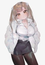 Rule 34 | 1girl, :&lt;, bad id, bad twitter id, black pantyhose, black skirt, blush, breasts, brown eyes, cat hair ornament, cleavage, closed mouth, collarbone, contrapposto, down jacket, hair ornament, hair rollers, hands in pockets, head tilt, highres, jacket, jewelry, kodama (sakura yuki), large breasts, leaning to the side, looking at viewer, necklace, open clothes, open jacket, original, pantyhose, pencil skirt, shirt, simple background, skirt, so nagi (artist), solo, white jacket, white shirt