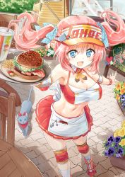 Rule 34 | 1girl, apron, blue eyes, blush, cat, chair, detached collar, drink, drinking straw, elbow pads, fang, flower, flower pot, food, french fries, from above, burger, happy, hat, heart, highres, knee pads, long hair, looking at viewer, midriff, moe2016, naka akira, navel, open mouth, original, pink hair, pleated skirt, roller skates, skates, skirt, smile, solo, stomach, table, tray, twintails, visor cap, waist apron, waitress