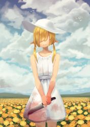 Rule 34 | 1girl, absurdres, bird, blood, blood on clothes, bloody weapon, closed mouth, cloud, cloudy sky, covered eyes, day, dress, facing viewer, field, flower, flower field, hair over eyes, hat, highres, holding, holding knife, knife, low twintails, okame nin, orange flower, original, outdoors, pointy ears, short dress, sky, smile, solo, standing, sun hat, sundress, twintails, weapon, white dress, white hat, yellow flower