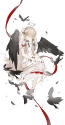 Rule 34 | absurdres, akui (xinjinjumin331144656321), angel, angel wings, ankle ribbon, apron, bandages, bandages over eyes, bird, black bow, black bowtie, black footwear, black ribbon, black wings, blonde hair, bow, bowtie, candy, chinese commentary, closed mouth, collar, commentary request, commission, crow, dress, envelope, expressionless, feathered wings, feathers, food, frilled collar, frilled dress, frills, hair bow, halo, heart, heart-shaped food, heart-shaped lollipop, high collar, highres, holding, holding candy, holding envelope, holding food, holding lollipop, leg ribbon, letter, lollipop, long hair, love letter, medium dress, original, pink dress, red ribbon, ribbon, sample watermark, shaped lollipop, shoes, sidelocks, sitting, star (symbol), straight hair, very long hair, watermark, white apron, white background, white bow, white collar, winged halo, wings, yellow halo